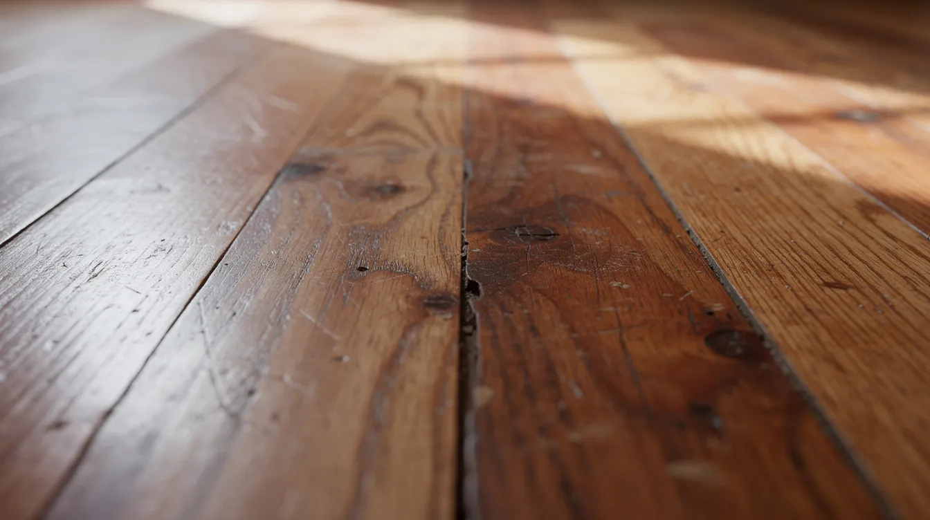 A close-up view of aged red oak hardwood floor planks showcases the natural grain and patina, reflecting the history and character of the home. The surface appears well-maintained, emphasizing the importance of hardwood floor care and regular maintenance to keep your floors in good shape.