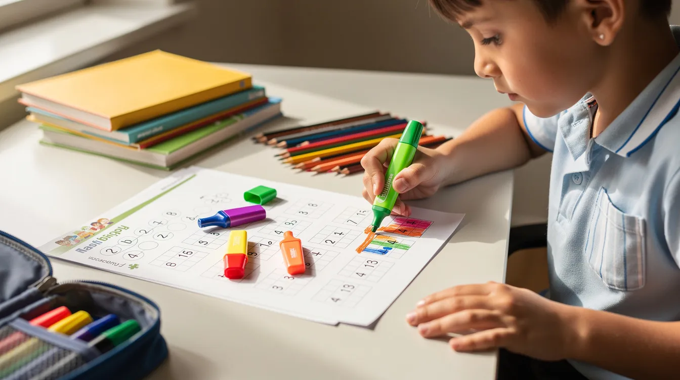 A child is focused on a math worksheet at a tidy desk, using colorful highlighters and pencils to emphasize important parts of the problems. This scene highlights the importance of careful work to reduce careless mistakes, which can lead to losing marks in school assignments and actual exams.