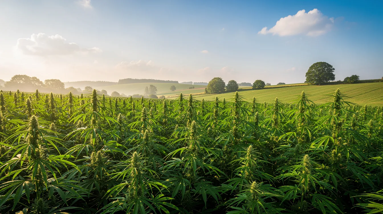 A vibrant green hemp field stretches under a clear blue summer sky, with gentle rolling hills in the distance, showcasing the beauty of industrial hemp cultivation in West Virginia. This scene highlights the state's growing acceptance of hemp and its derivatives, reflecting the ongoing changes in cannabis policy and the legal landscape surrounding medical cannabis and hemp-derived products.