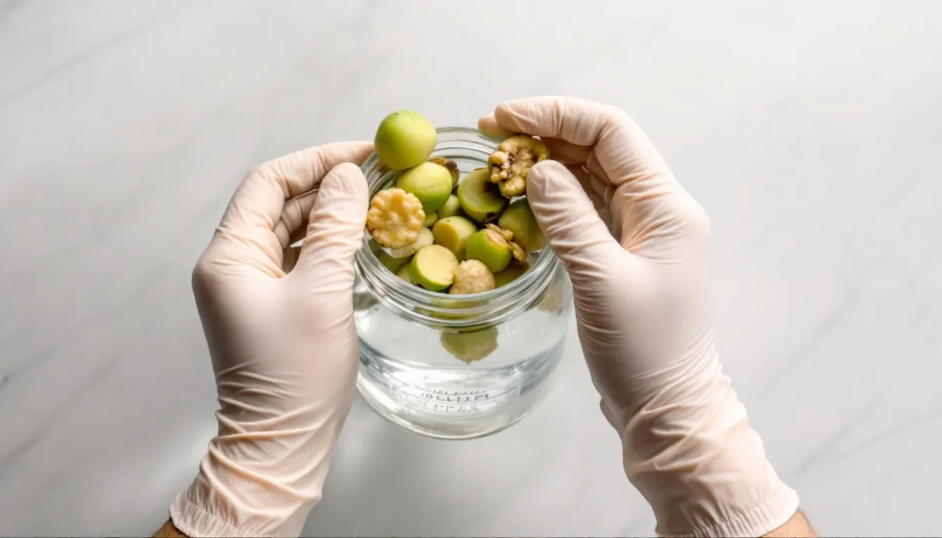 A pair of hands, protected by gloves, carefully handle fresh green walnut hulls above a glass jar filled with clear alcohol, likely preparing to create a black walnut tincture. The scene highlights the process of using black walnut hulls, which are known for their herbal properties and traditional medicinal uses.
