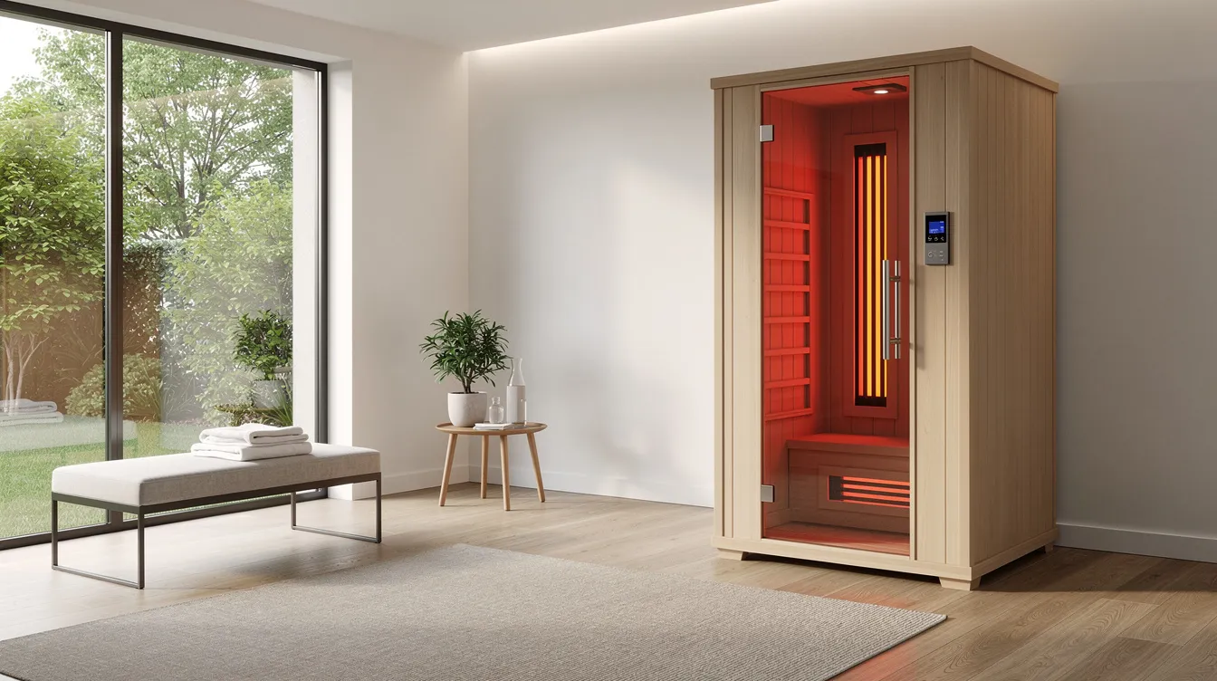 The image depicts a compact infrared sauna unit elegantly placed in a modern home setting, showcasing its sleek design and efficient use of space. This indoor sauna highlights the importance of proper sauna installation and electrical setup to ensure safety and compliance with local electrical codes.