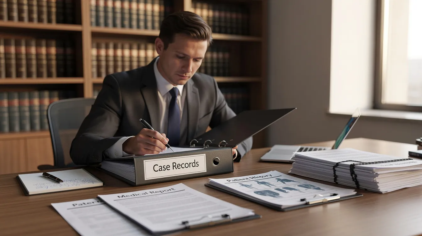 A focused lawyer is seated at a desk, meticulously reviewing case documents and medical records related to pedestrian accident claims, highlighting the serious injuries and medical expenses faced by victims. The scene reflects the legal process involved in seeking justice for injured pedestrians and navigating the complexities of personal injury lawsuits in Colorado Springs.
