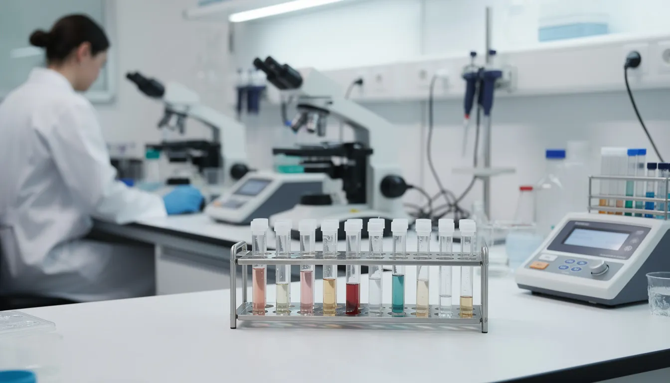 Das Bild zeigt eine professionelle Laborumgebung, in der verschiedene Testgeräte und Proben in kleinen Gefäßen auf einem Tisch angeordnet sind. Die Umgebung ist gut beleuchtet und es sind auch einige Cannabispflanzen und Stecklinge zu sehen, die für den Anbau und die Analyse von Inhaltsstoffen wie THC und Cannabinoiden vorbereitet werden.