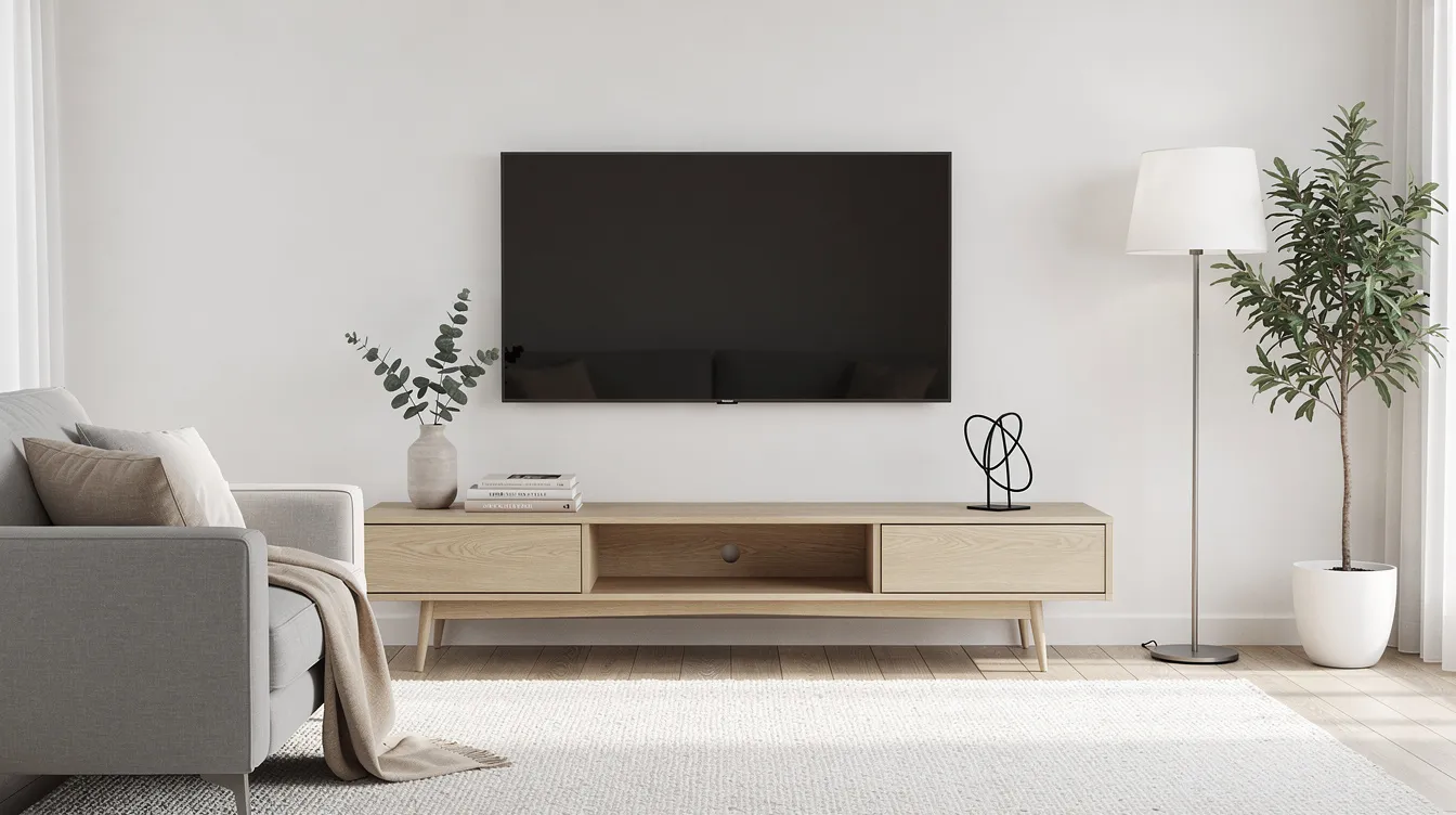 En modern skandinavisk vardagsrum med en elegant trämediabänk under en stor väggmonterad TV. Rummet är stilrent inrett med fokus på funktion och förvaring, vilket skapar en praktisk och snygg atmosfär.