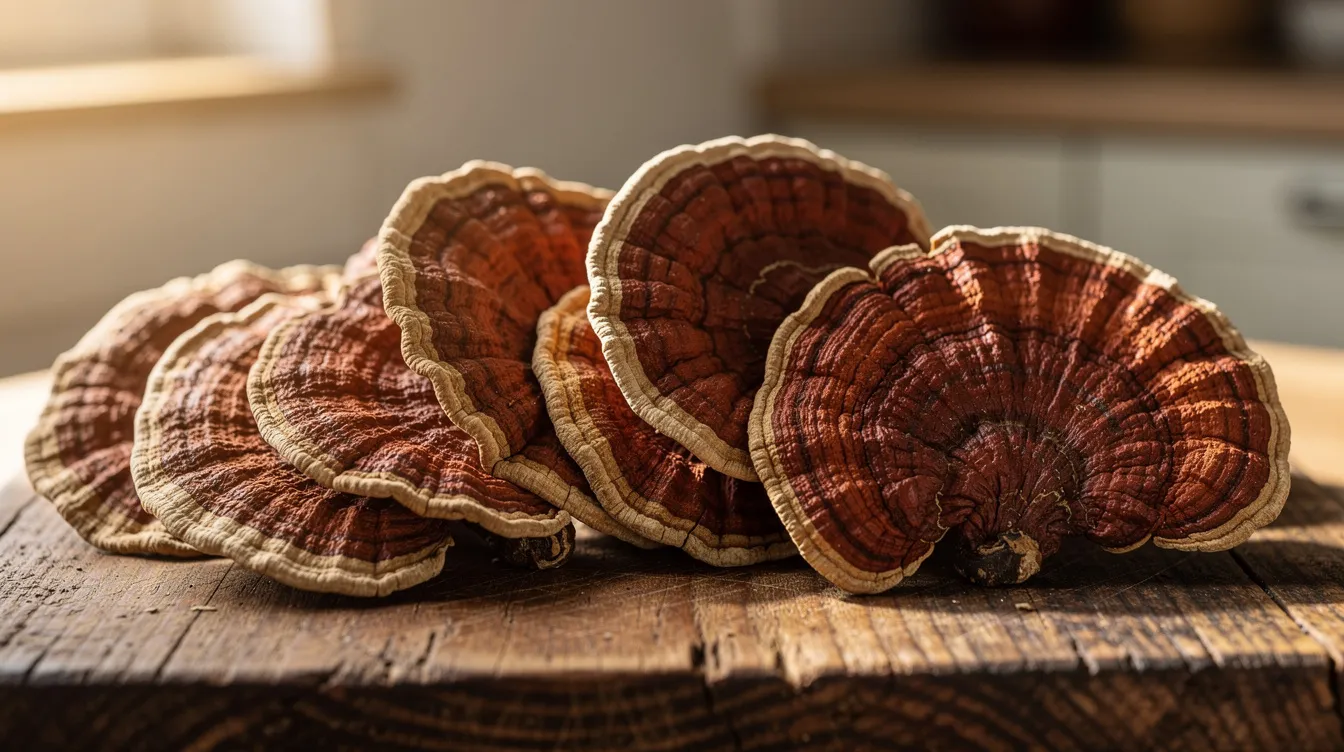 A close-up view of dried reishi mushrooms is displayed on a rustic wooden cutting board, showcasing their unique shape and texture. These functional mushrooms, known for their adaptogenic properties, are often used in traditional Chinese medicine to support relaxation and improve sleep quality.
