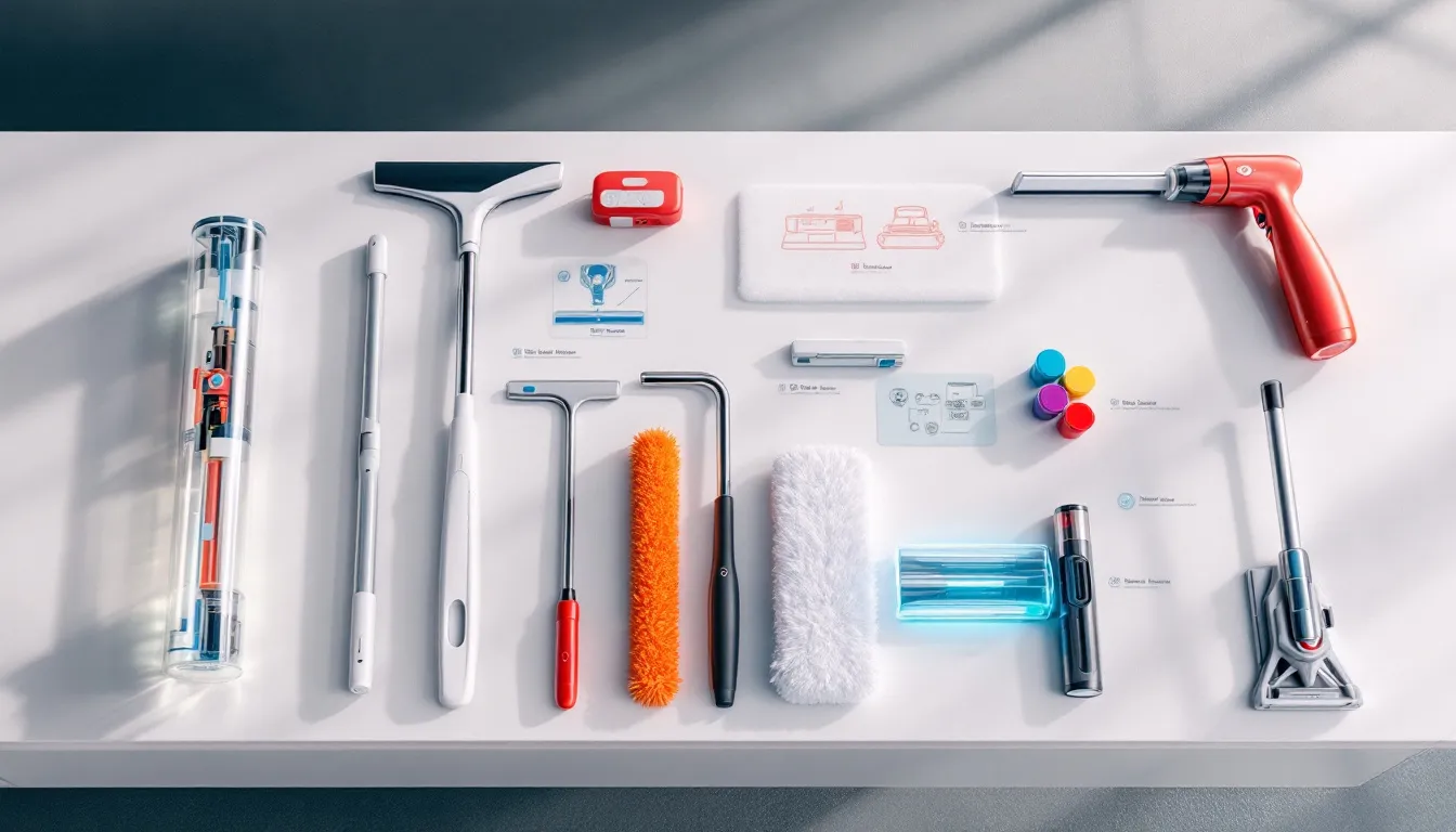 A variety of window cleaning tools displayed on a table.