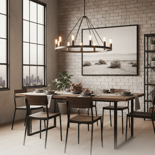 Industrial lighting ideas featuring a circular metal chandelier with exposed Edison bulbs over a dining table.