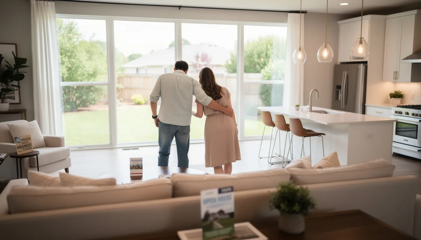 A couple is seen from behind as they browse a house for sale, appearing engaged and curious about the property. This scene captures the essence of the real estate industry, highlighting the importance of accessible real estate listings and the use of IDX plugins for a seamless home search experience.