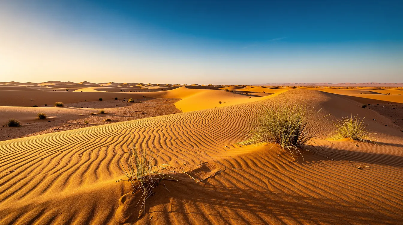 A stunning Moroccan desert landscape features golden sand dunes stretching endlessly towards the horizon beneath a clear blue sky, capturing the serene beauty of the Sahara Desert. This picturesque scene invites travelers to embark on an unforgettable journey through North Africa's diverse landscapes and rich history.