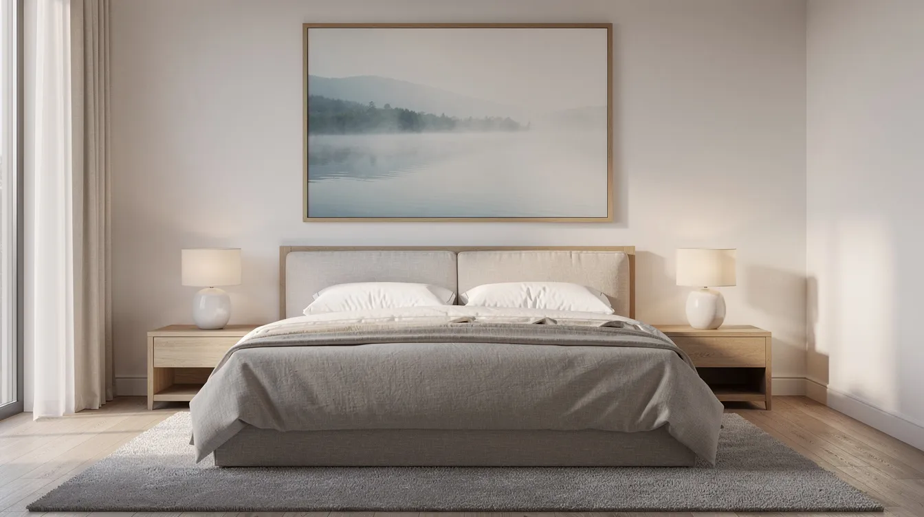 A contemporary bedroom features a calming landscape print framed in oak, hung above the bed, serving as a focal point that enhances the room's interior design. The artwork adds a personal touch to the space, creating a serene atmosphere perfect for relaxation.