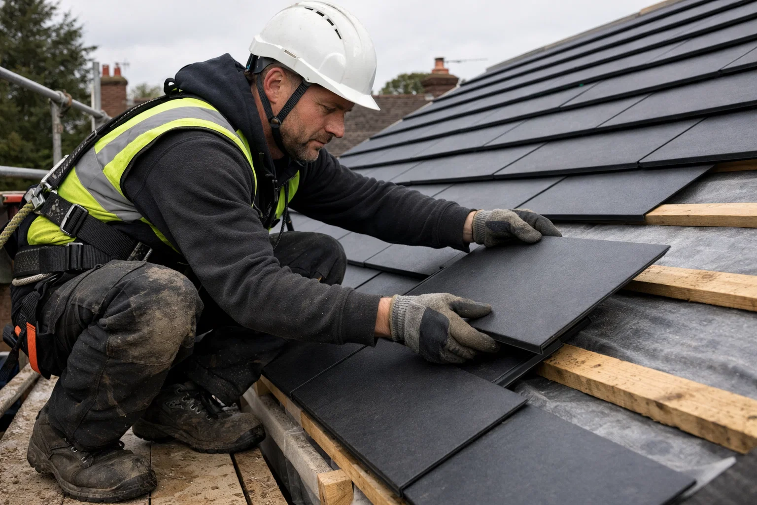 Lightweight roof tiles being installed on a modern UK residential roof