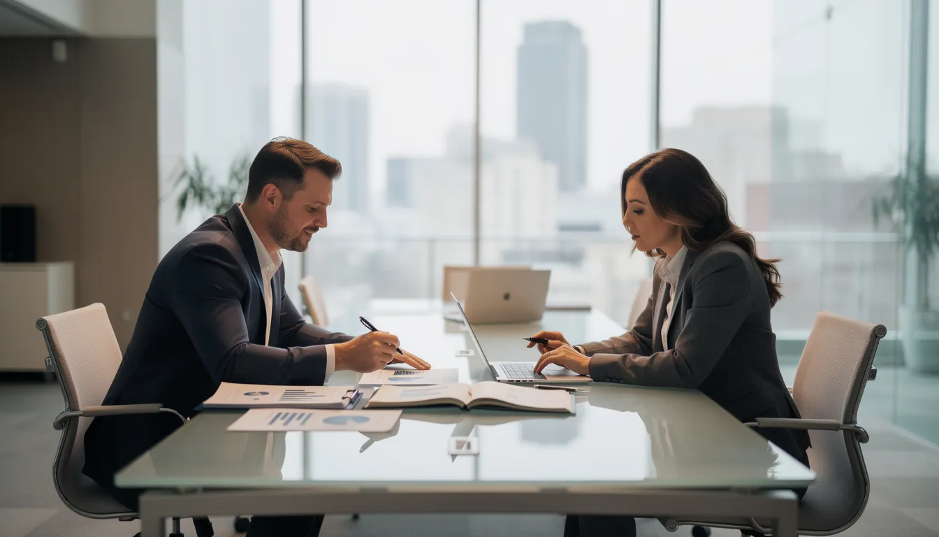 The image depicts a professional consultation meeting between two individuals, one reviewing documents related to short term rental business strategies. They are discussing consulting services aimed at enhancing Airbnb listings and optimizing pricing strategies for property management.