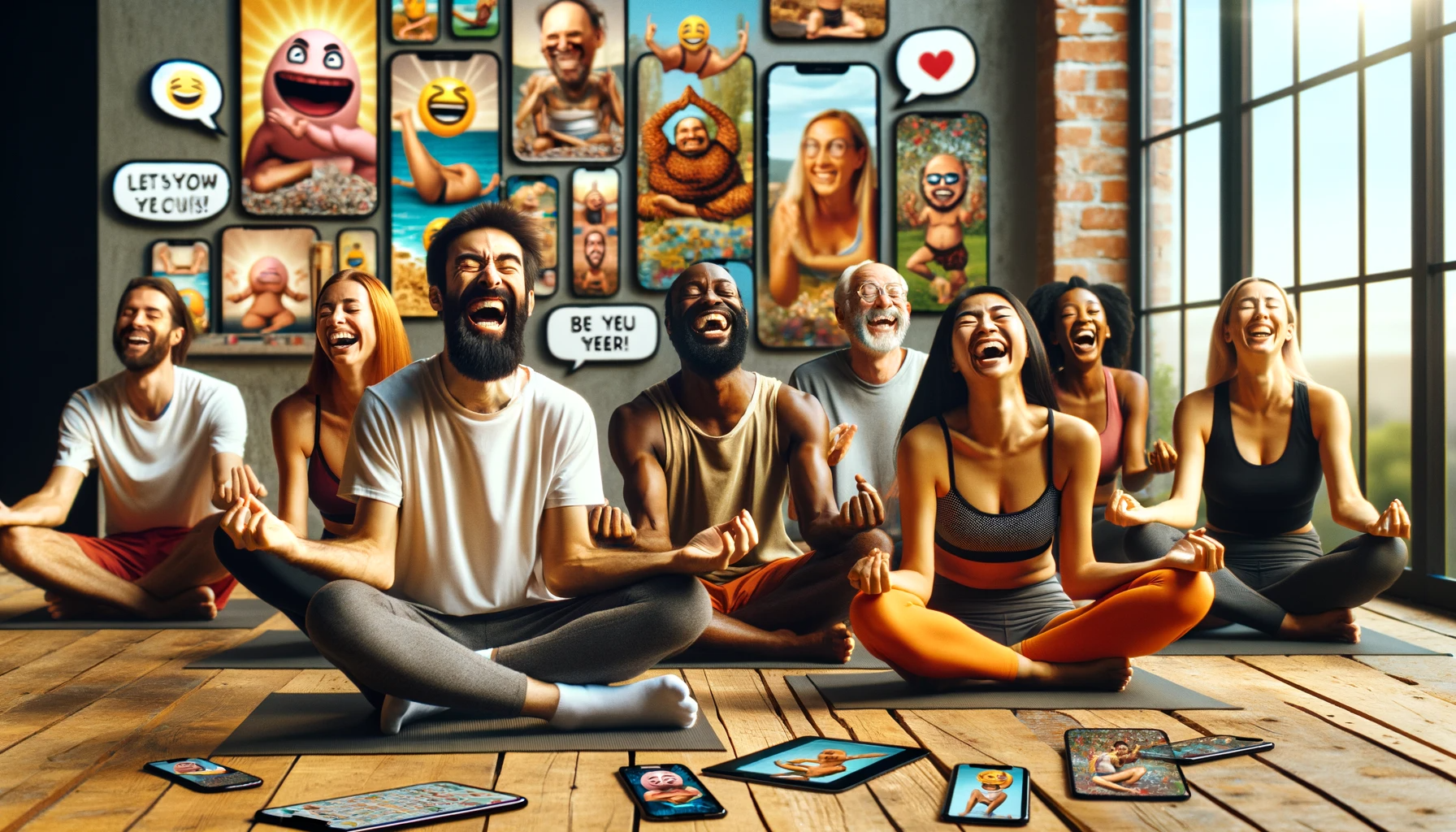 diverse people practicing yoga in a humorous and lively setting, with smartphones and laptops displaying yoga-related memes
