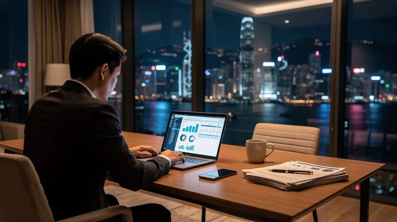 A person is sitting at a sleek desk in a modern Hong Kong apartment, focused on reviewing financial documents displayed on their laptop. The atmosphere suggests a professional setting, with paperwork related to personal loans and interest rates spread out, highlighting the importance of financial planning and credit assessments.