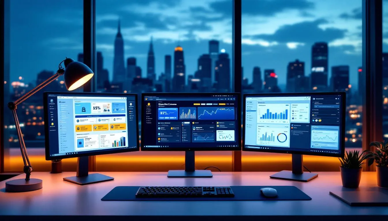 The image depicts a modern office setup featuring multiple computer screens, each displaying various interfaces of an ecommerce platform, ideal for managing a dropshipping business. This workspace is designed for ecommerce store owners to efficiently navigate through their online store, optimizing their connection with reliable dropshipping suppliers and enhancing the customer shopping experience.