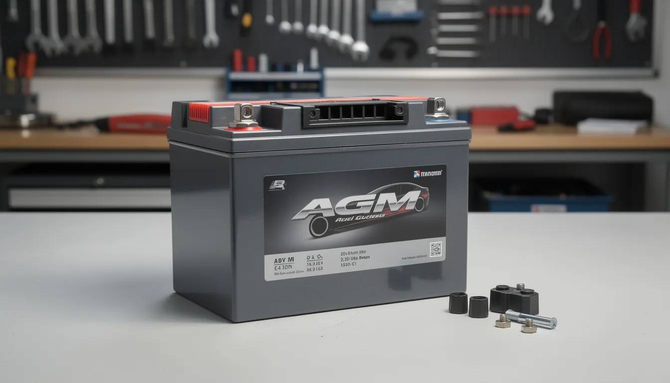 The image features a sealed AGM car audio battery with clean terminals, designed for advanced electric systems in various applications such as cars, RVs, and marine use. This battery is ready for installation, offering quality power to enhance your car audio experience.