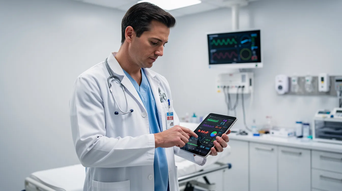 A medical professional is intently reviewing data charts on a tablet in a clinical setting, likely assessing information related to weight management and chronic weight loss medications such as Wegovy and Ozempic. The focus on data suggests an emphasis on monitoring health conditions and treatment outcomes for patients managing body weight and related health issues.