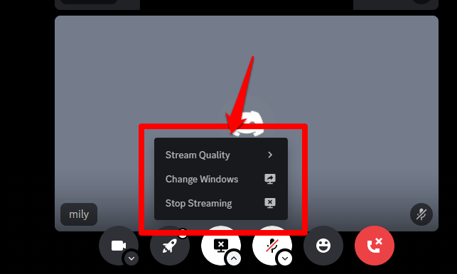 Close up image showing the streaming menu on Discord