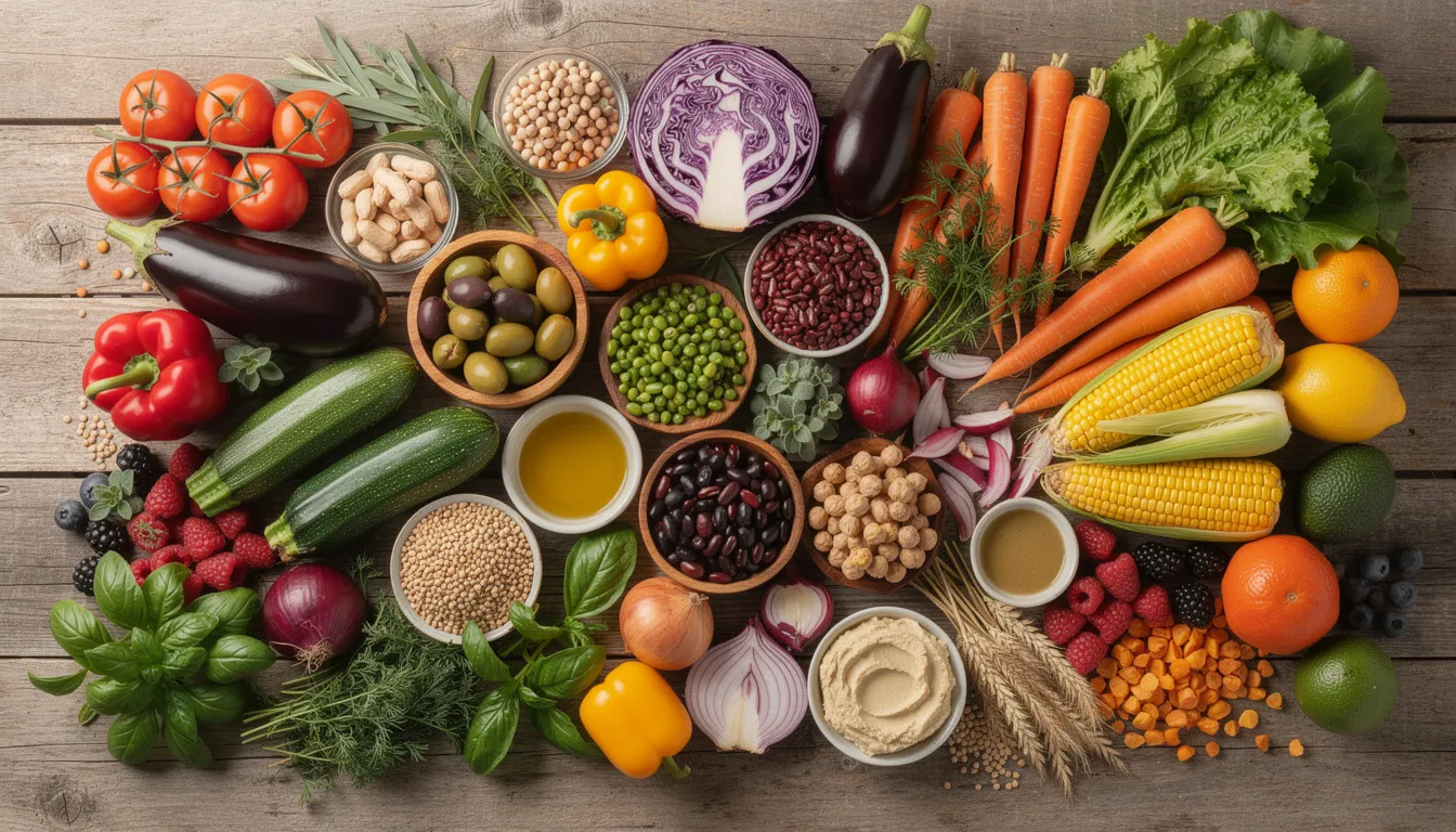 An assortment of diverse healthy foods from around the world is beautifully arranged, featuring Mediterranean vegetables, Asian legumes, and a variety of colorful produce. This vibrant display highlights the importance of healthy dietary patterns in promoting overall health and longevity.