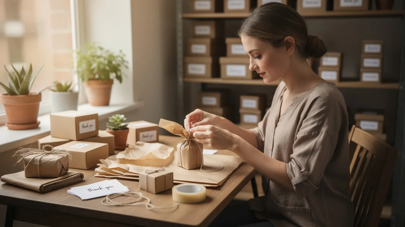 A woman is carefully packaging handmade products at a small workstation, showcasing her dedication to entrepreneurship and business ownership. This scene highlights the unique challenges and successes faced by female entrepreneurs as they contribute to the economy and empower women in their communities.