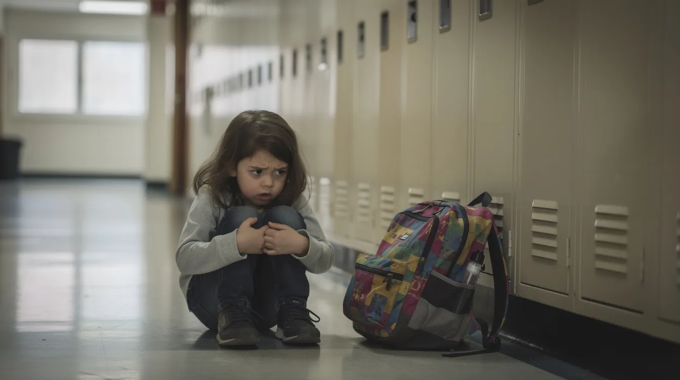A young child sits anxiously in a school hallway, with their backpack beside them, reflecting the emotional challenges that can accompany learning disabilities and difficulties. This scene highlights the importance of understanding each child's unique learning profile and the need for supportive interventions to help them cope with academic demands.
