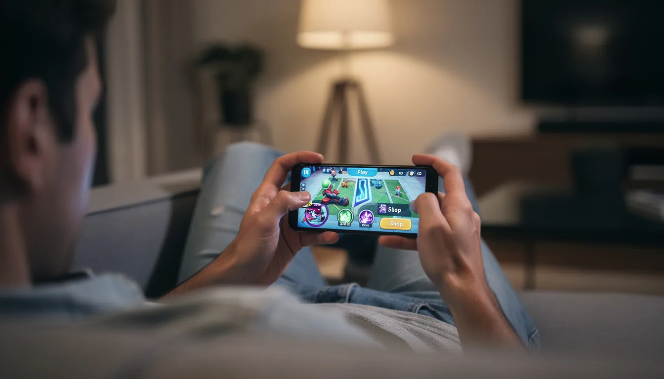 A person is sitting comfortably, gazing at a smartphone screen that displays a vibrant and colorful game interface, with various icons and graphics that suggest an engaging gaming experience. The scene conveys a sense of relaxation and enjoyment as they interact with the device.