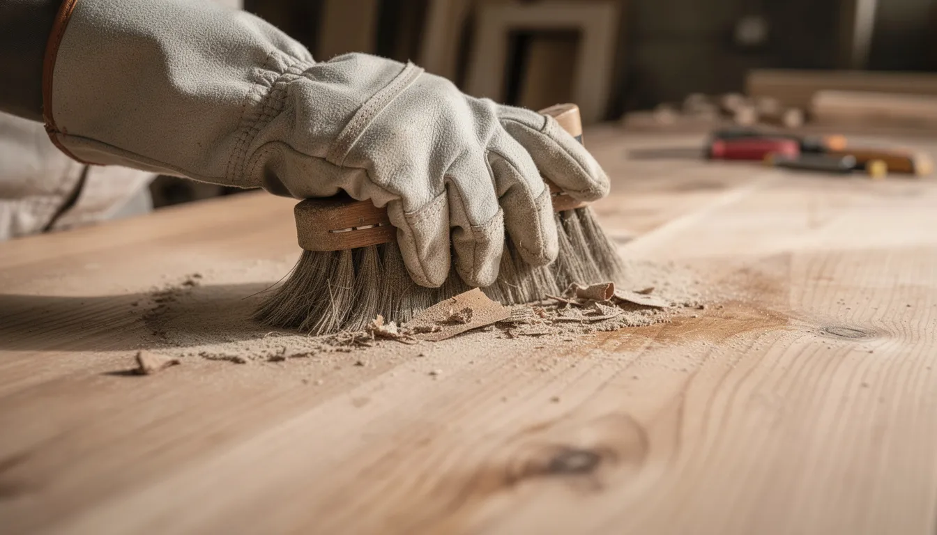 A person wearing protective gloves is using a soft-bristled brush to clean wooden surfaces, ensuring proper care to prevent mold growth in their sauna. This regular cleaning is an important measure to maintain the wood in optimal condition and avoid moisture accumulation.