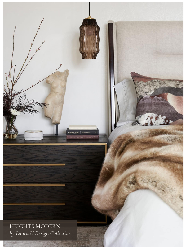 add depth and add warmth to a neutral space with unexpected design elements like this hanging pendant light and throw blanket