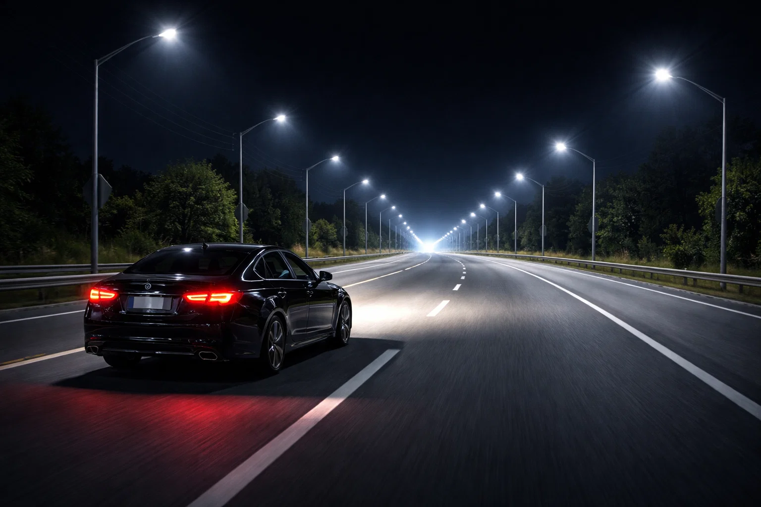 Car driving at night with clear illumination.