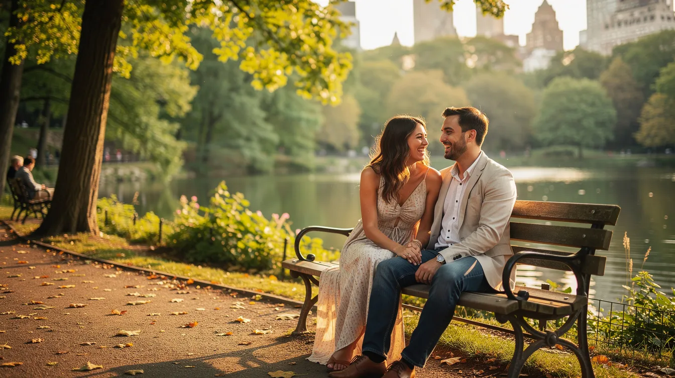 A couple sits closely on a bench in Central Park, surrounded by lush greenery and the sounds of nature, sharing a moment of emotional intimacy as they engage in deep conversation. Their relaxed body language suggests a secure attachment style, indicative of a healthy and stable romantic relationship.