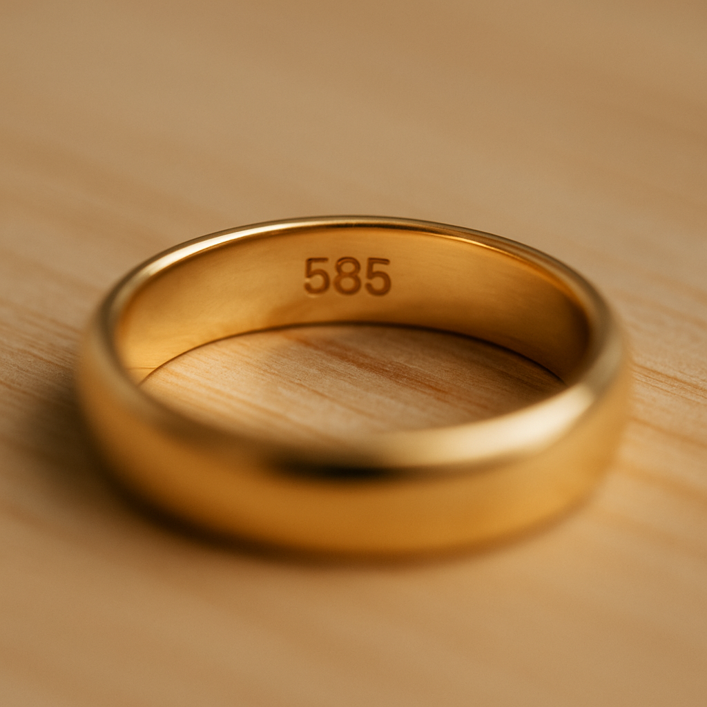 Auksinis žiedas su 585 prabos skaičiumi.