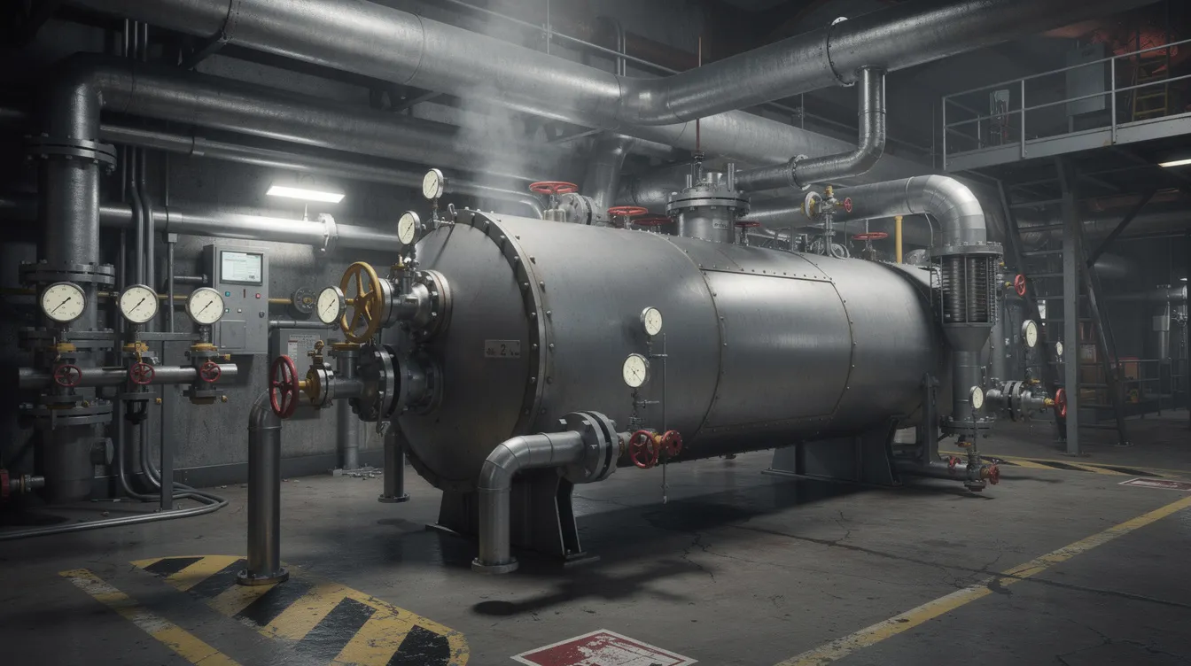 The image depicts an industrial steam boiler room featuring a large cylindrical boiler surrounded by an intricate network of pipes, pressure gauges, and insulated steam lines, essential for the heat treatment processes in a UHT milk processing plant. This setup is crucial for achieving commercial sterility and ensuring the production of long life dairy products.