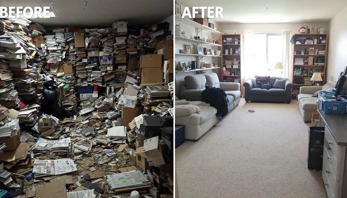 The image shows a stark contrast between a hoarder's house before and after a professional cleaning service, with the first photo depicting excessive clutter, hazardous waste, and unsanitary conditions, while the after photo reveals a clean, organized living space free of health hazards and clutter. This transformation highlights the importance of specialized hoarding cleanup services and the potential costs involved in restoring a hoarding situation.