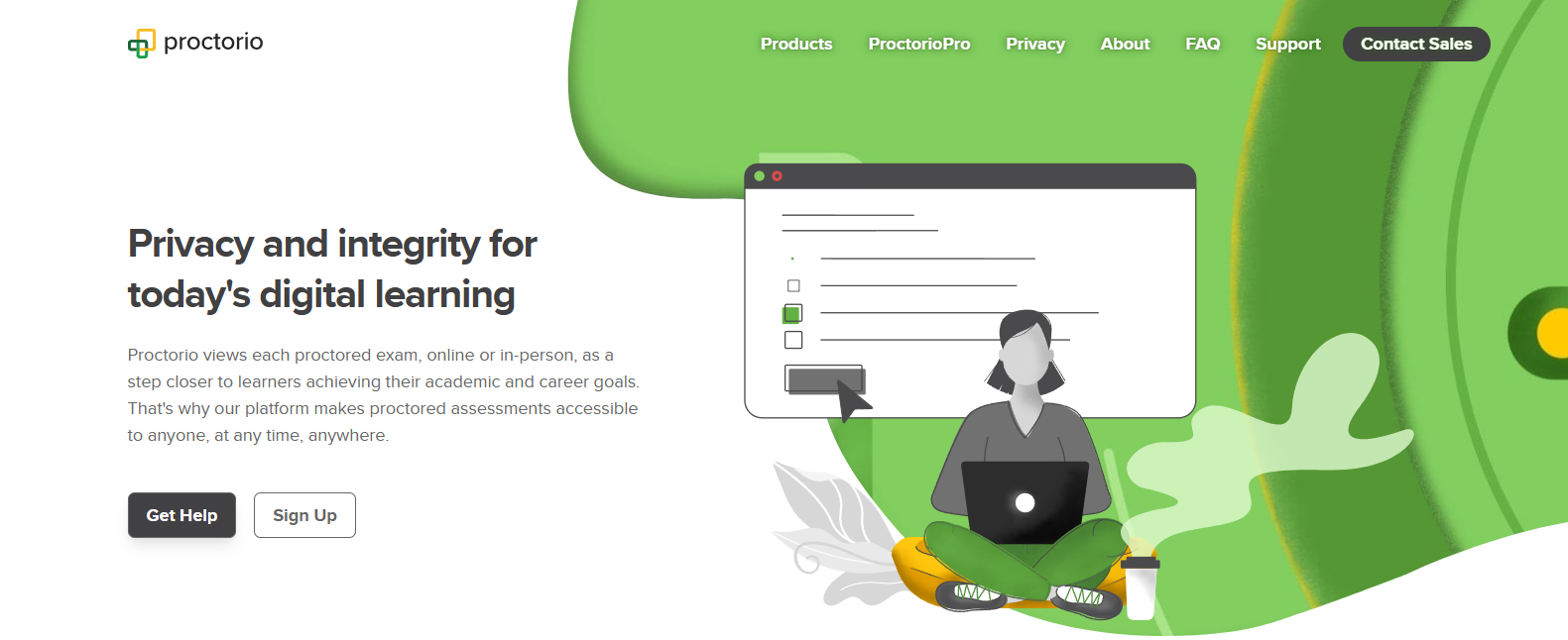 Proctorio homepage promoting secure online proctoring software with privacy-focused digital exam monitoring for remote assessments