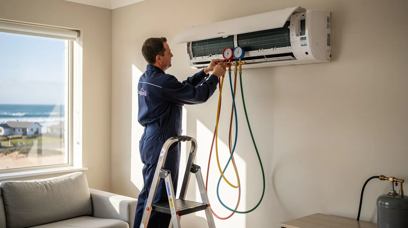 An aircon regas technician is seen servicing a split system air conditioner in Melkbosstrand, equipped with a regas machine as part of the necessary repair work to improve performance. The technician is focused on the regas procedure, ensuring the system is ready to cool effectively.