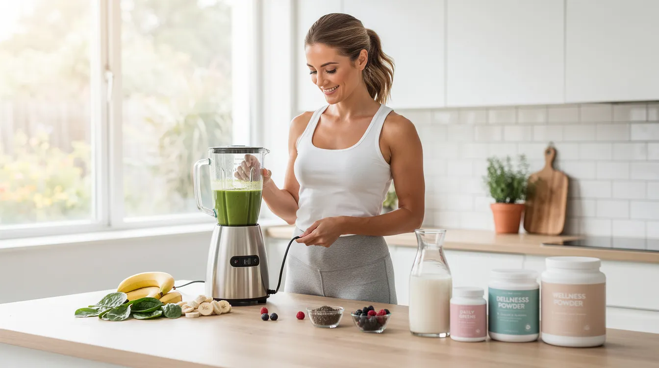 A woman is blending a smoothie on her kitchen counter, surrounded by various wellness products, including creatine supplements. This scene highlights the importance of nutrition and creatine supplementation for active women to support muscle health and overall well-being.