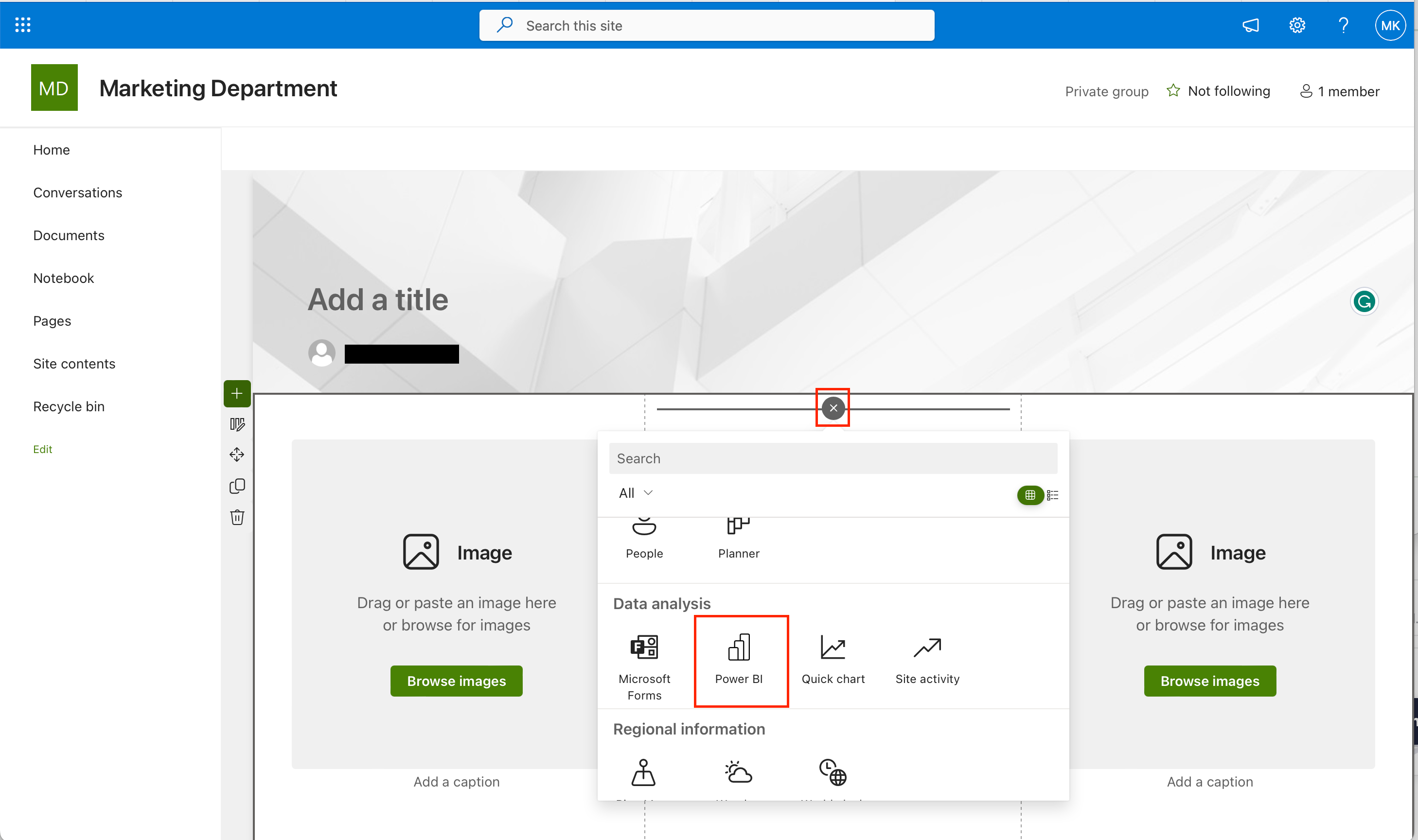 How to add the Power BI web part to your SharePoint Online page