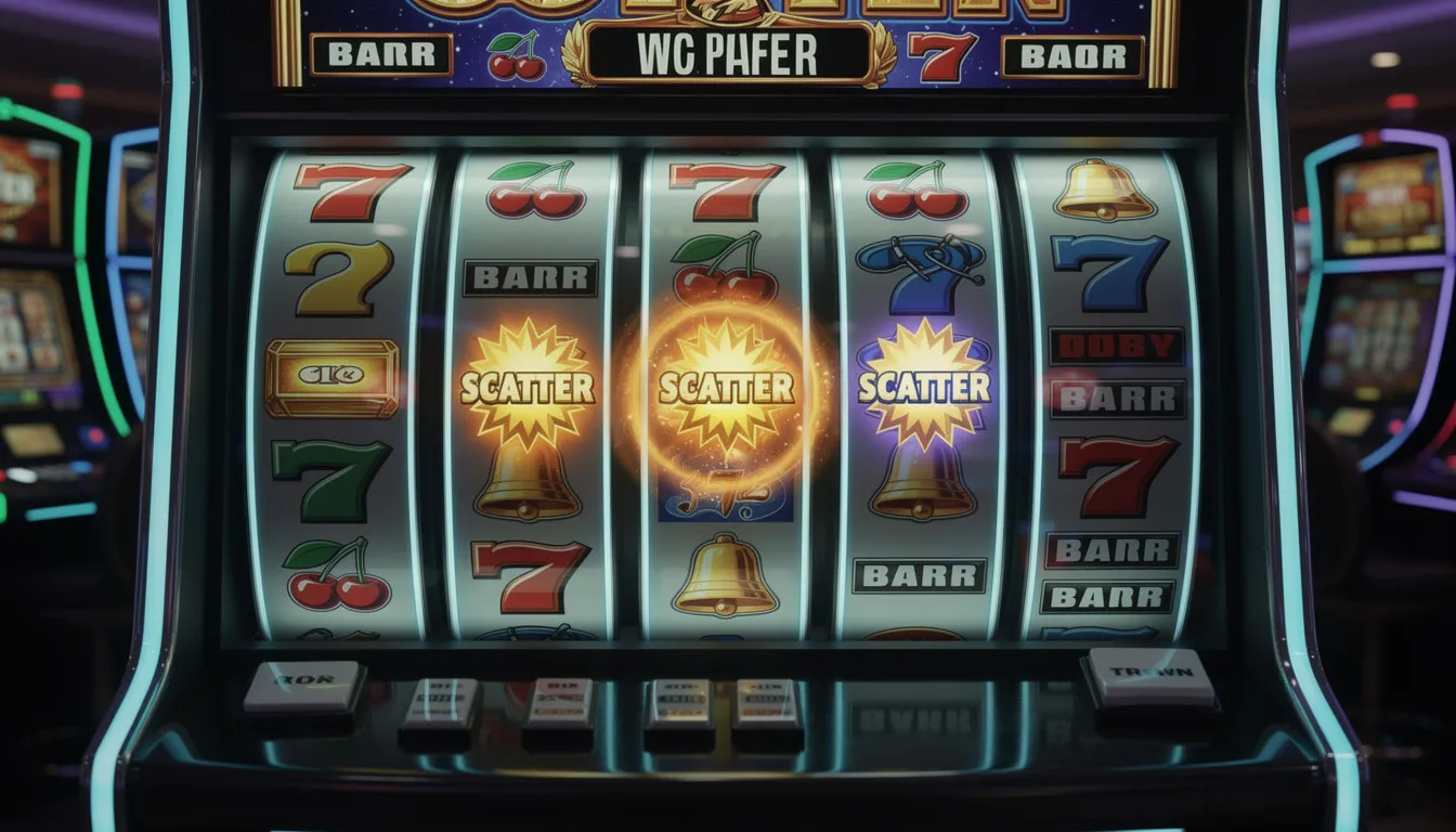Five-reel slot display showing various scatter patterns.