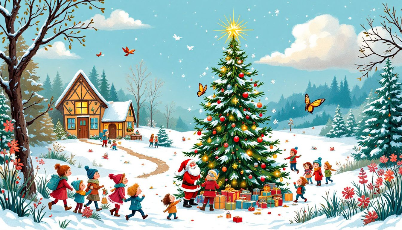 An illustration depicting various seasonal stories including Christmas and summer tales.