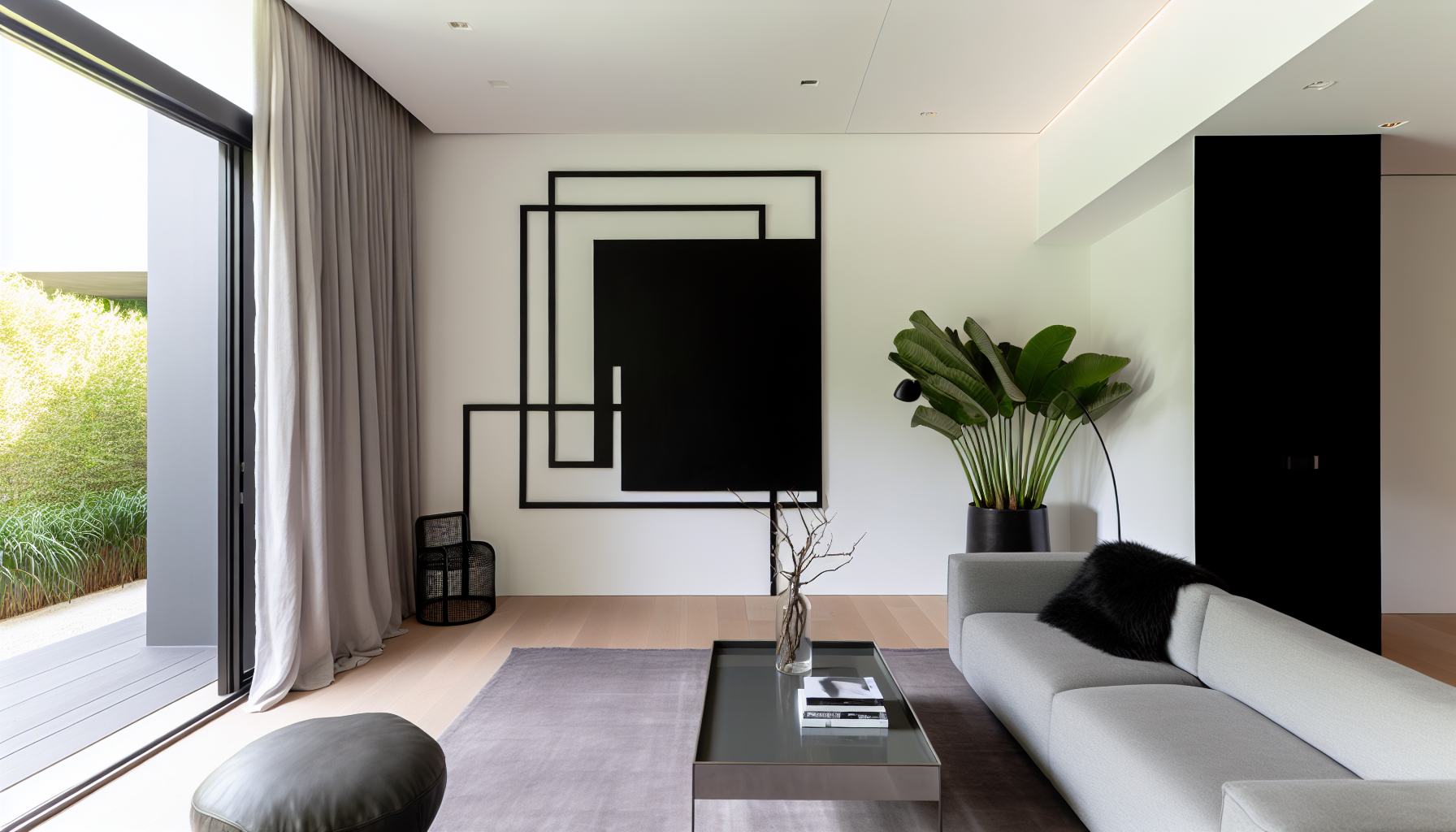 Minimalist black wall art in a contemporary living room setting