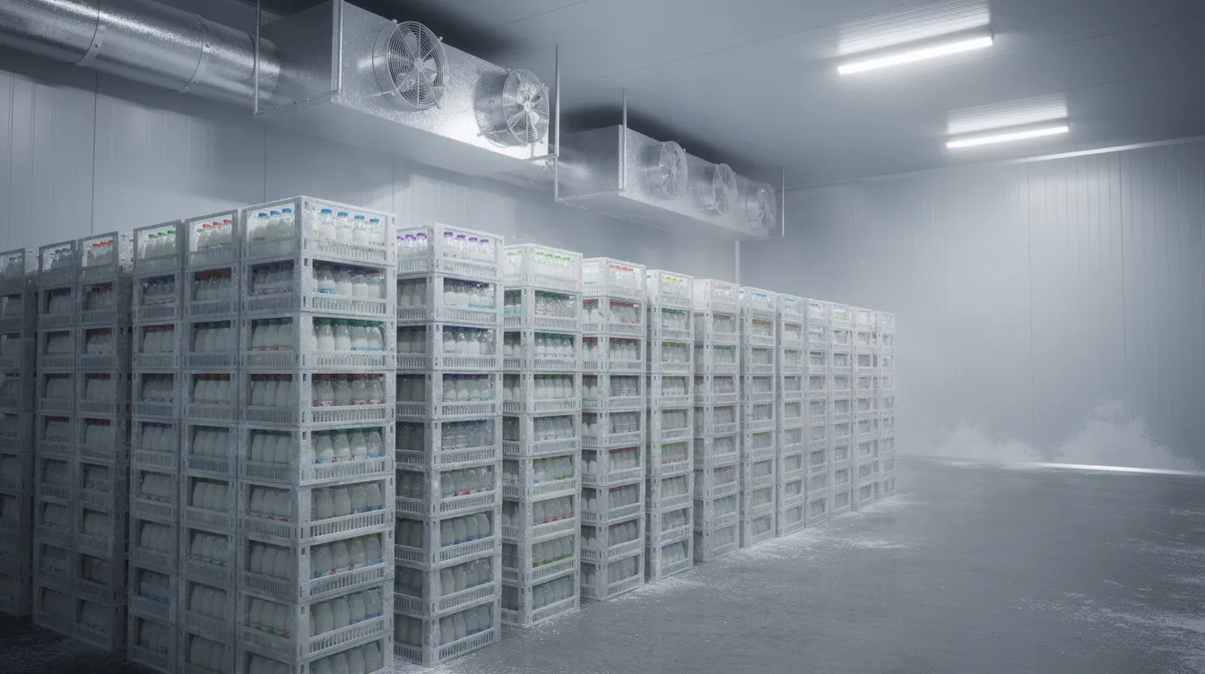 5a570705 8deb 4905 866b b094546f2d56 The image depicts an industrial cold storage room within a dairy processing plant, showcasing stacked plastic crates filled with milk bottles and visible refrigeration evaporators on the ceiling, essential for maintaining the cold chain integrity of high-quality dairy products. This cold storage facility plays a crucial role in the dairy supply chain, ensuring food safety and extending the shelf life of temperature-sensitive commodities.