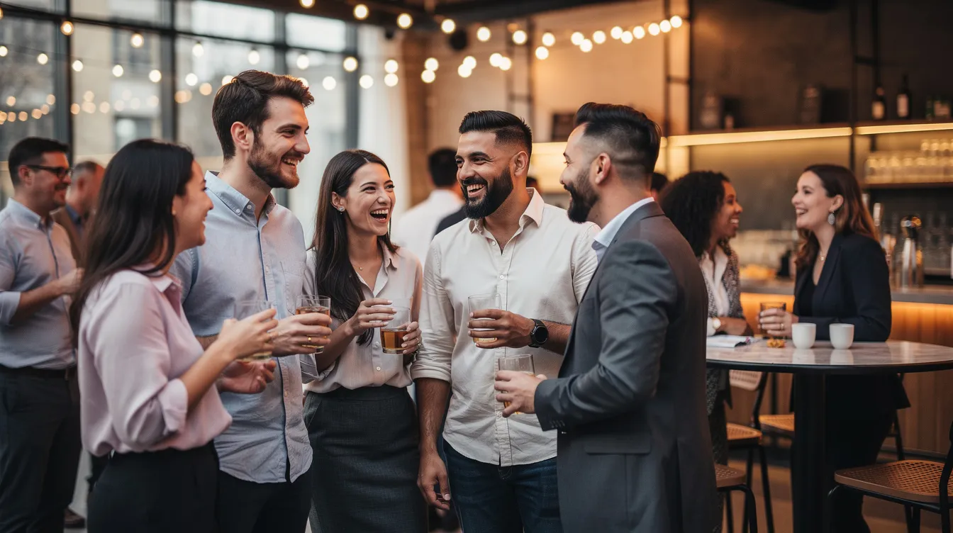 A group of young adults are gathered at a social mixer event, engaging in lively conversation and laughter, showcasing the fun and excitement of new relationships. The atmosphere is relaxed, with friends enjoying drinks and sharing moments that hint at potential love interests in their personal lives.