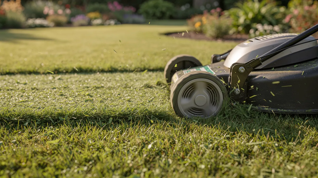 A rotary lawn mower is cutting a neat stripe across a well-maintained garden lawn, showcasing freshly cut grass under the early morning sun. The mower blades efficiently trim the long grass, contributing to the overall health of the lawn while avoiding excess clippings.