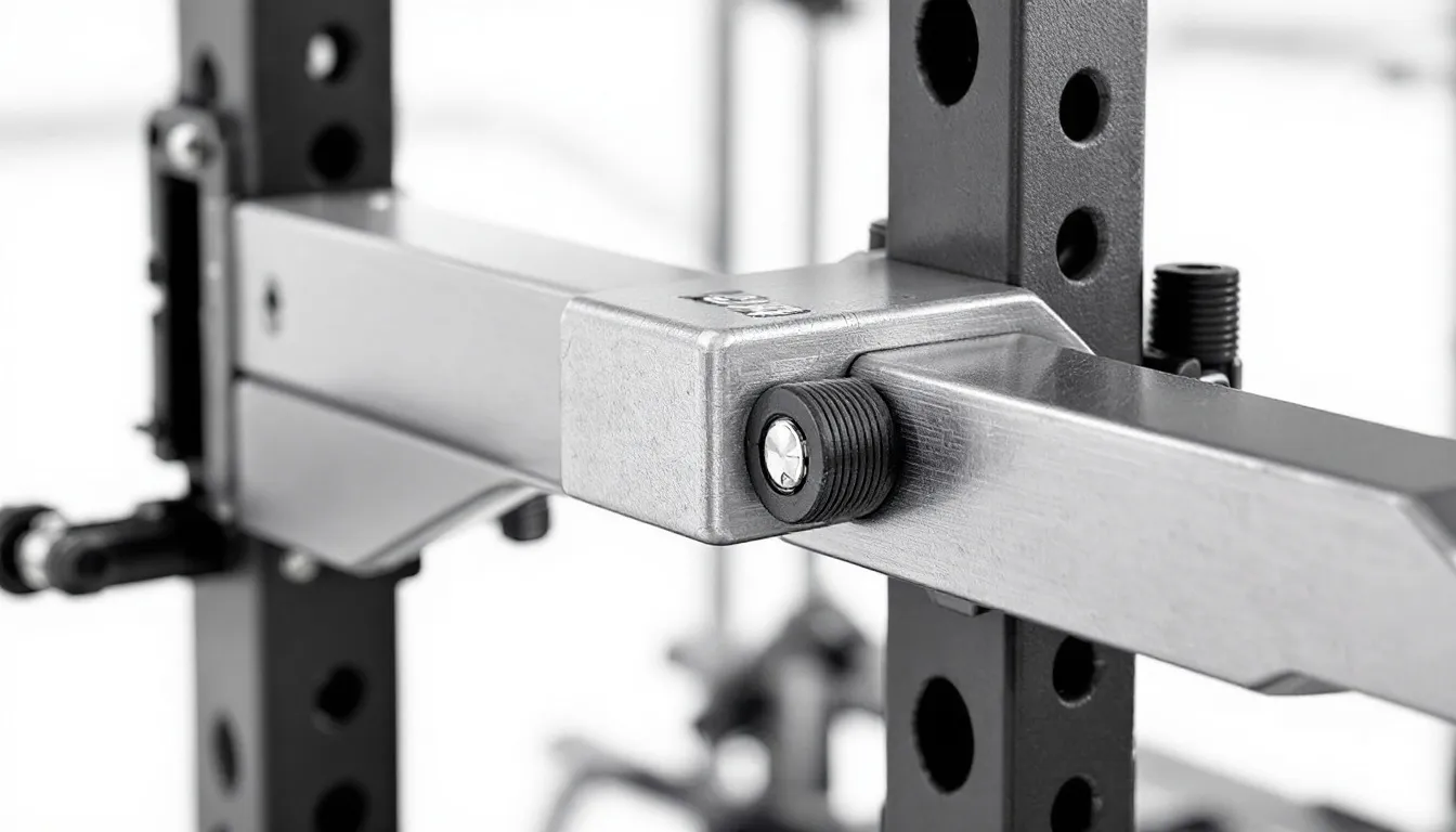 The image shows a close-up view of the safety bars and j-hooks on a power rack, highlighting their proper positioning for secure lifting during strength training exercises. This setup ensures safety and stability for users while performing workouts like squats and bench presses in a home gym environment.
