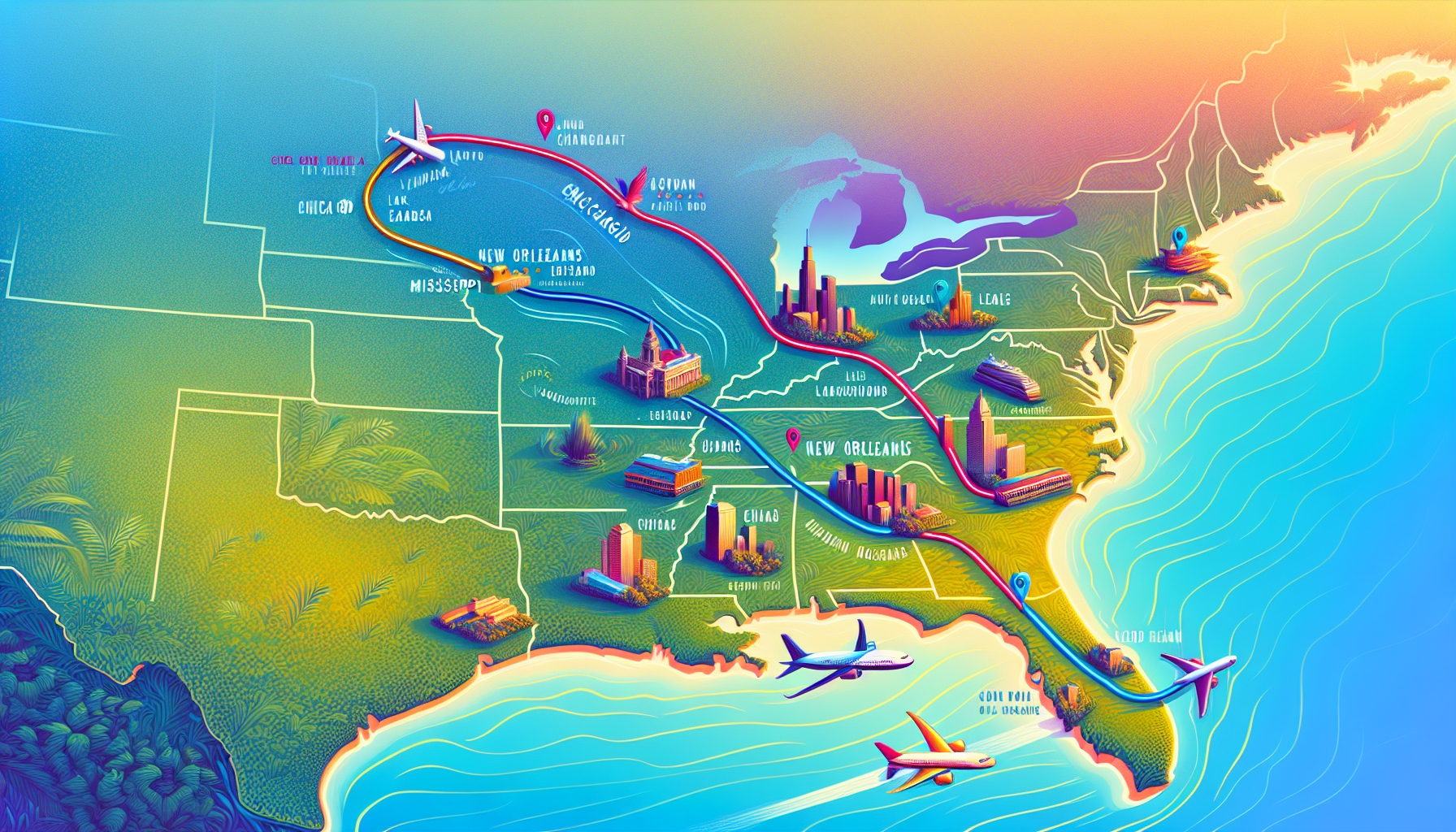 A route map showing the flight path from Chicago to New Orleans.