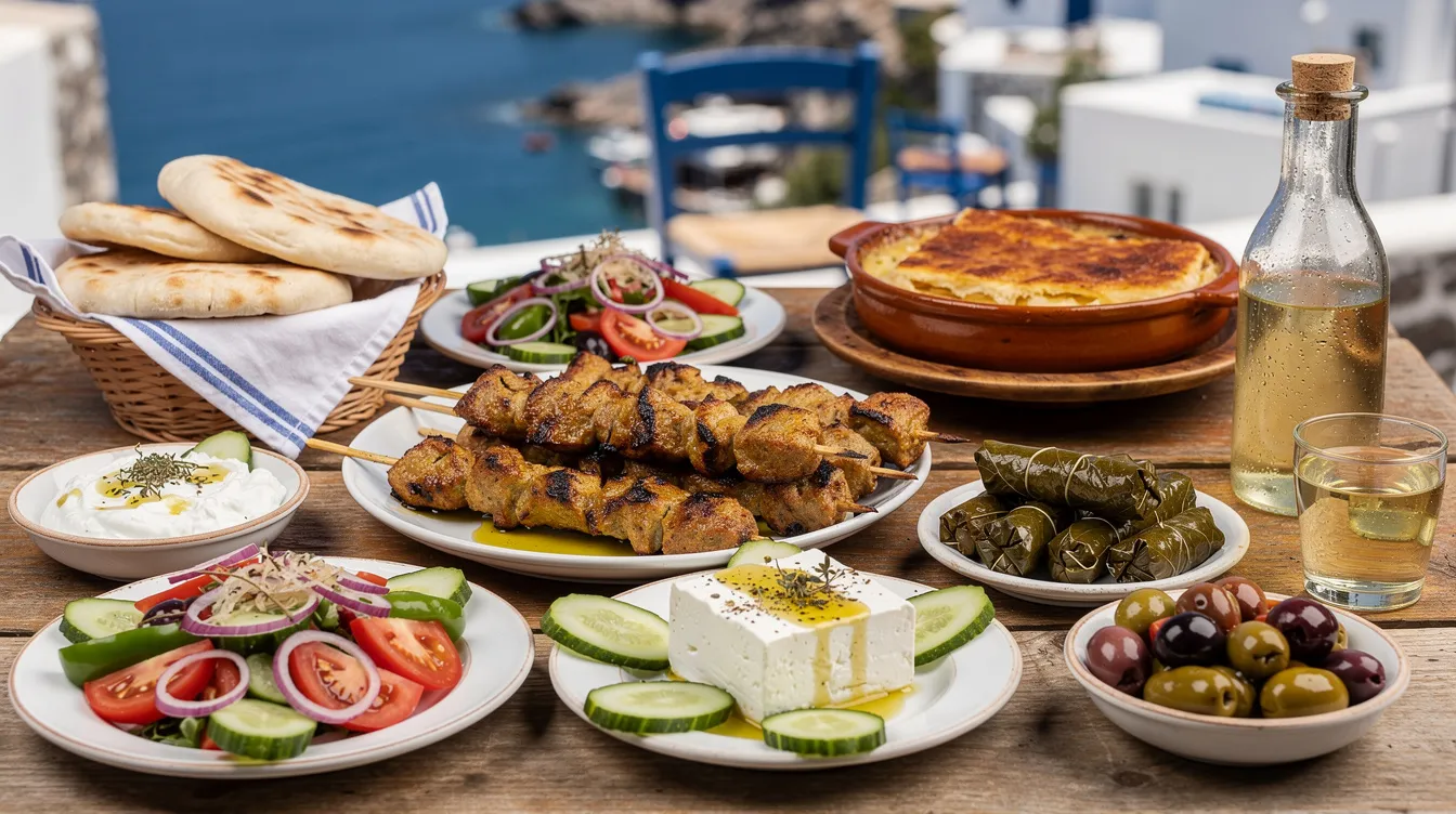 A imagem retrata uma mesa repleta de pratos tradicionais da culinária grega, incluindo moussaka, tzatziki e salada grega, rodeada por elementos que evocam a Grécia antiga, como cerâmicas e decorações típicas. O ambiente é iluminado, sugerindo um clima mediterrâneo, ideal para uma experiência gastronômica em uma das ilhas da Grécia.