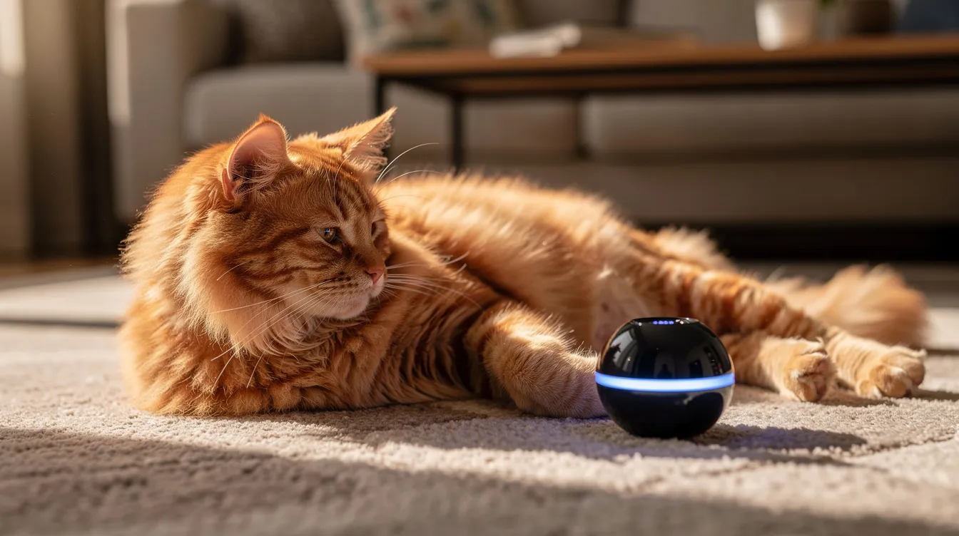 A fluffy orange cat lies on its side, seemingly uninterested in an untouched electronic ball toy on a living room rug. The scene captures a moment of independent play, highlighting the cat's relaxed demeanor amidst the potential for engaging with interactive toys that could stimulate its natural hunting behaviors.