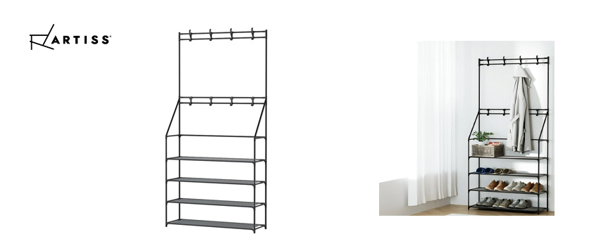 An Artiss metal shoe rack with 4-tier shelving. This can be also be used as a stylish open garment rack.