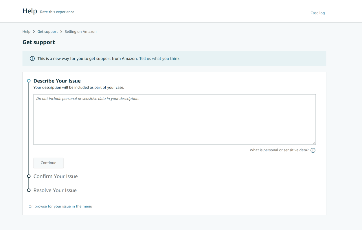 Help - Describe Your Issue screen in Amazon Seller Central