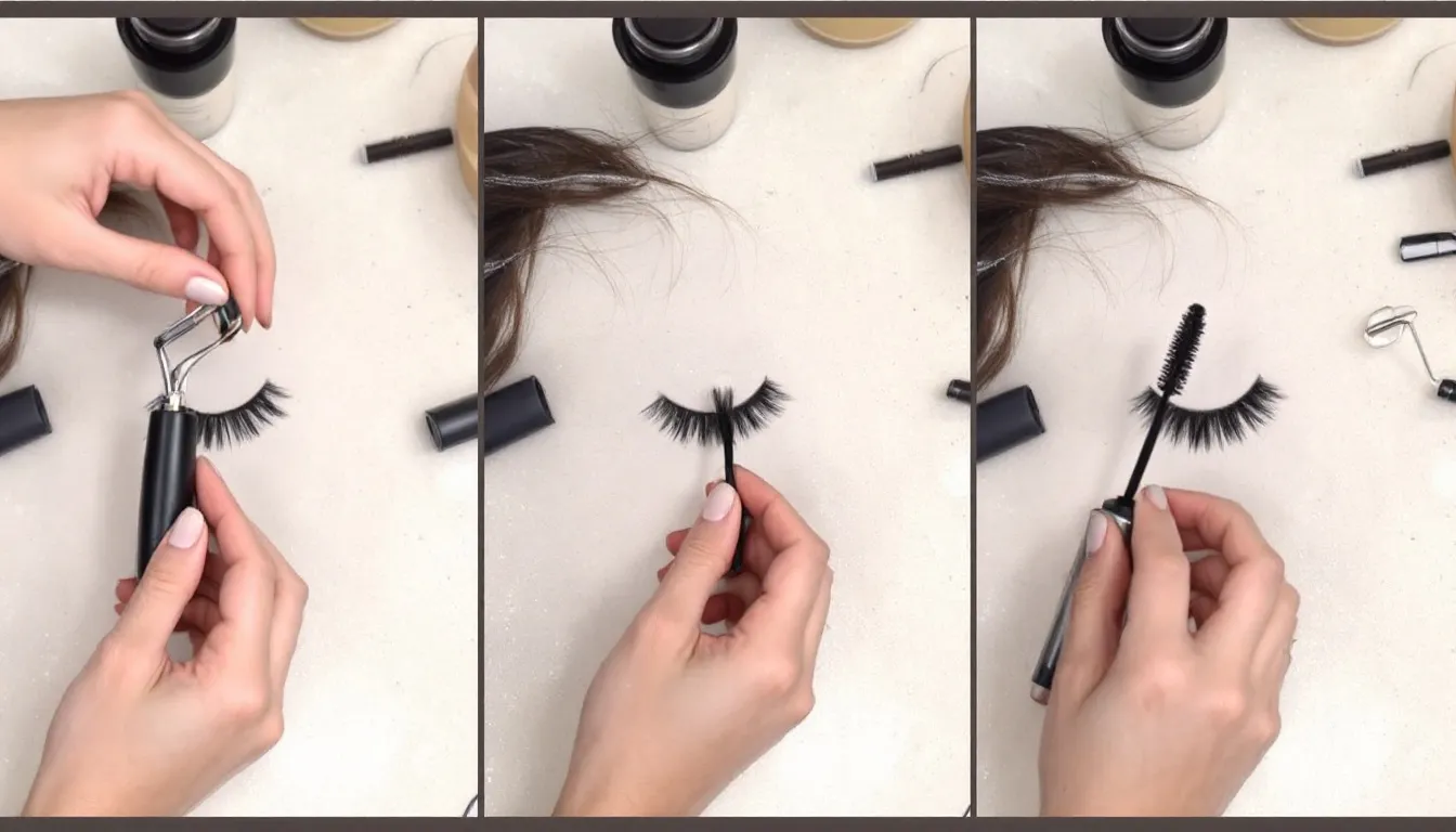 A step-by-step photo collage illustrates the process of curling, applying, and separating lashes for a flawless finish, showcasing techniques for achieving defined lashes with the right mascara. The images highlight the use of an eyelash curler and various mascara formulas, emphasizing the importance of choosing the best mascara for different lash types, whether they are short, straight, or sparse.